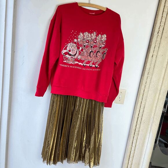 VTG 80s Red Christmas Sweatshirt Santa Reindeer “Snow Business” Boxy Crew M - Picture 2 of 7